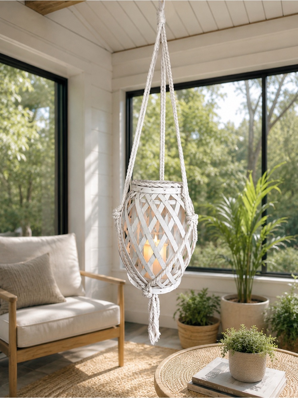 Vintage Boho White Bamboo Hanging Lantern Candle Holder | Coastal Cottage Decor